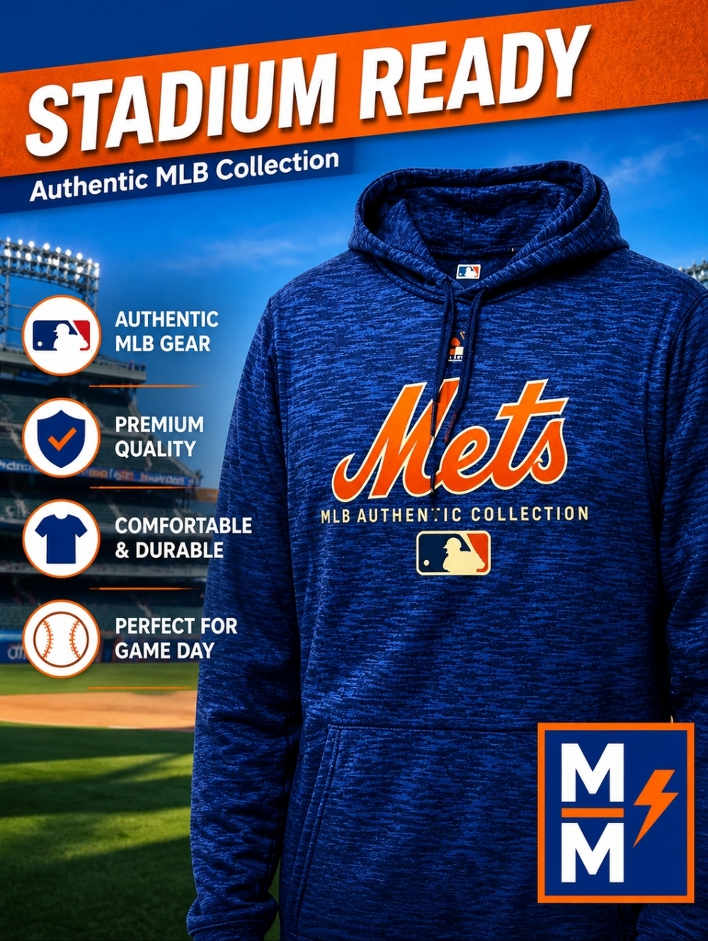 Majestic NY Mets Hoodie XL • Blue Therma Fit • MLB Authentic • Stadium Ready